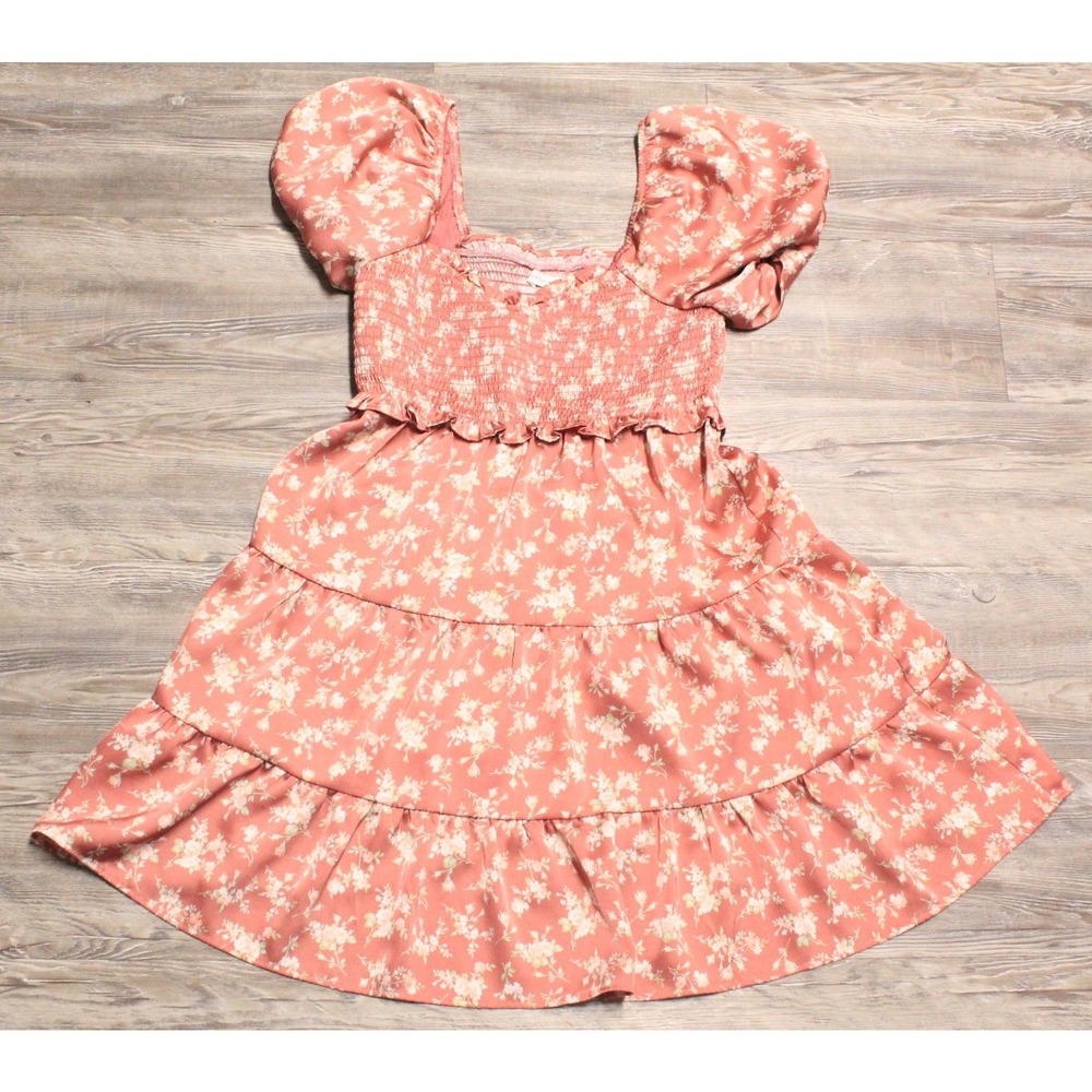 Altar'd State Dress Sz M Pink Floral Smocked Puff Sleeve Tiered Mini